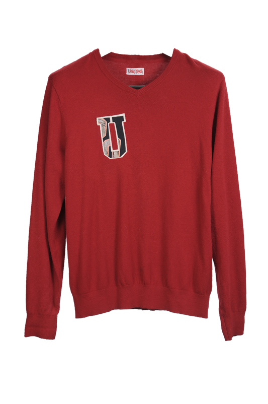 Letter Sweater “U” cherry red & black w/ camo
