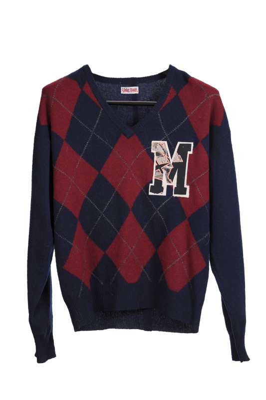 Letter Sweater “M” maroon & navy argyle pattern w/ camo
