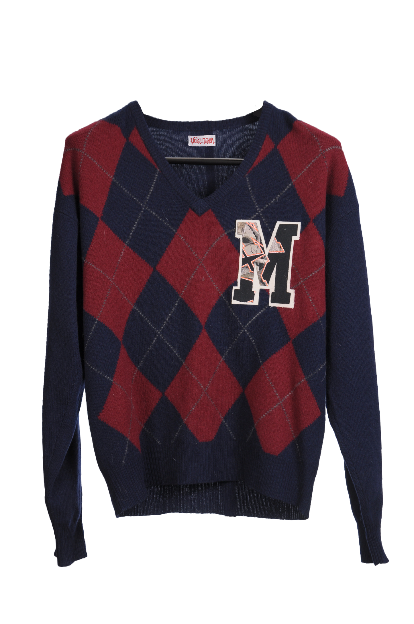 Letter Sweater “M” maroon & navy argyle pattern w/ camo